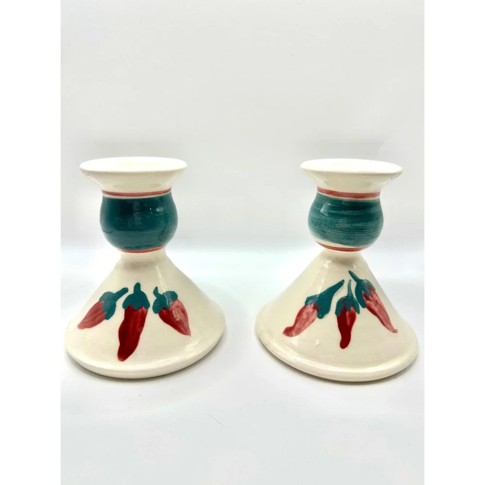 Vintage Southwestern Chili Pepper‎ Ceramic Taper Candlestick Holders Set of 2